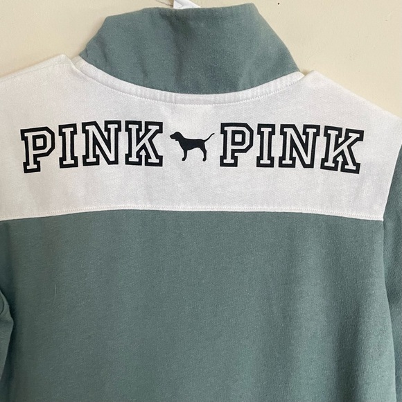 PINK Victoria's Secret Green and White Quarter Zip Sweatshirt - Picture 2 of 5
